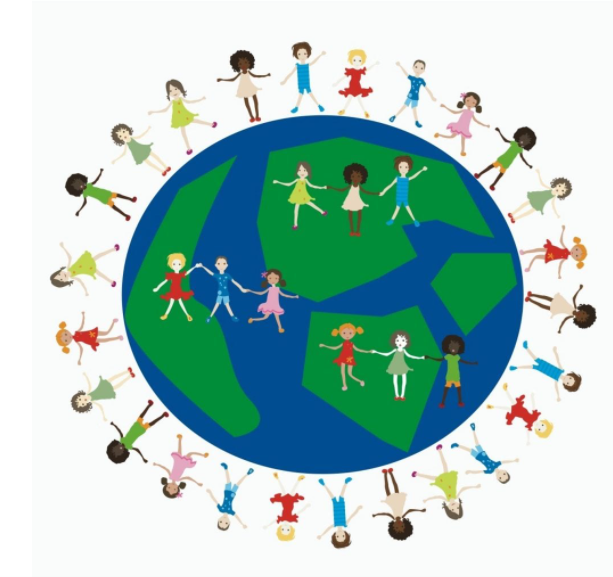 Clipart picture of a globe with people holding hands around it