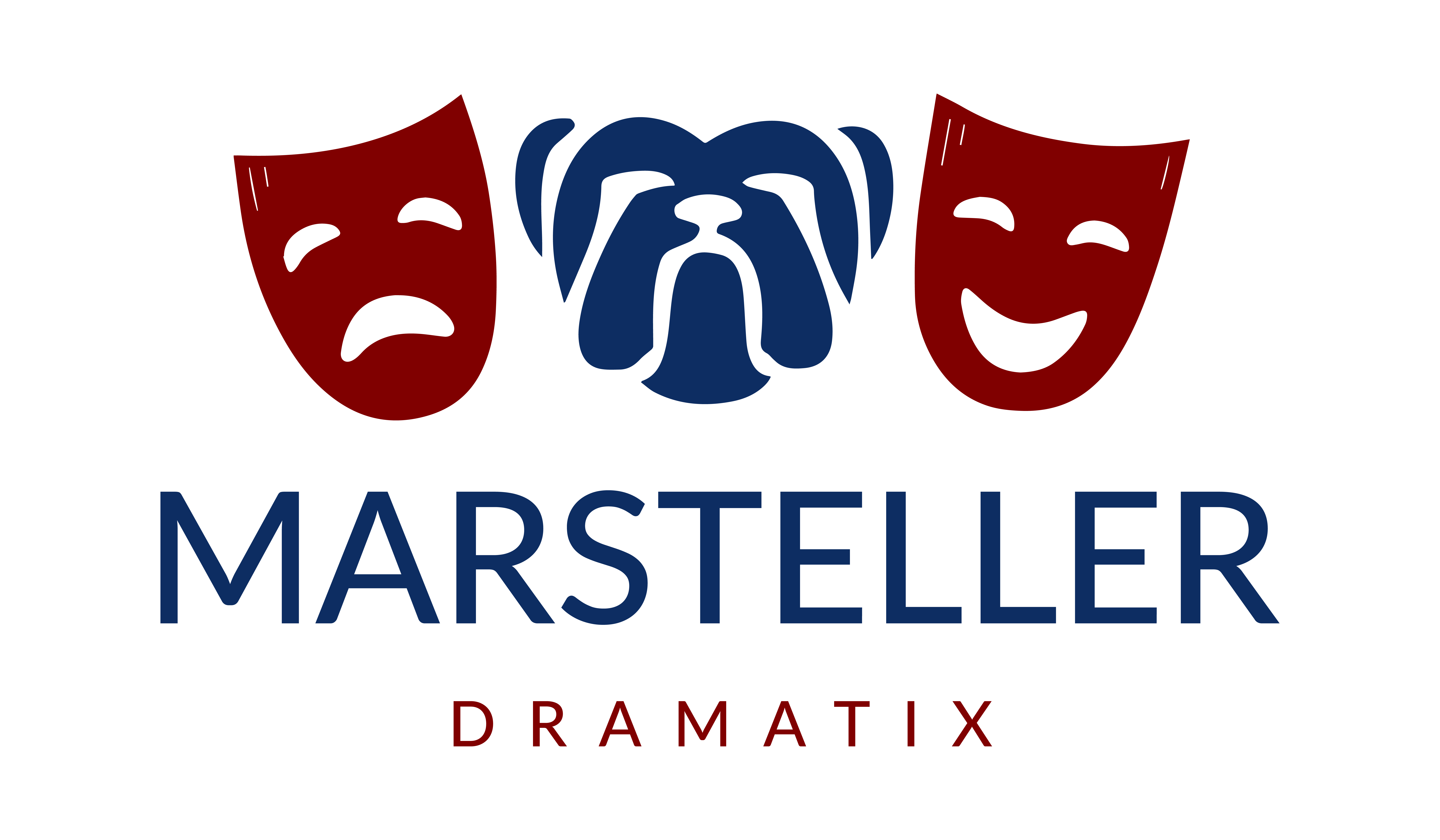 Dramatix logo with two red drama masks and a blue bulldog mask between them. It also contains the words "Marsteller Dramatix"